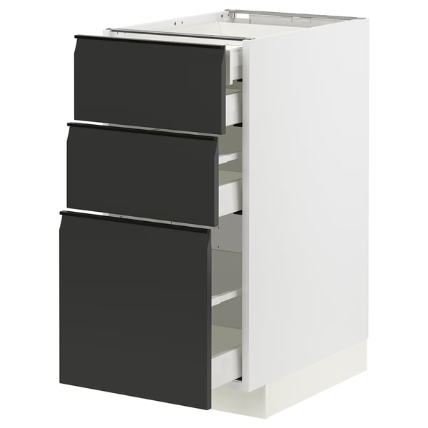 Modern kitchen cabinet, white and black, three drawers, sleek design.