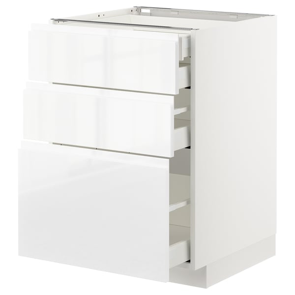 A white METOD kitchen cabinet with multiple drawers and a top shelf. It a smooth modern design with integrated handles.