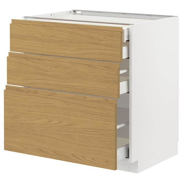 Modern white and oak kitchen unit, three wooden drawers, sleek minimalist design.