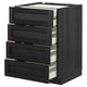 Black stained wooden kitchen cabinet with four open drawers.