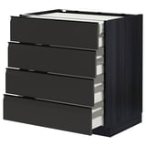 Black modern kitchen cabinet with four open drawers, sleek handles, made of particleboard and steel.