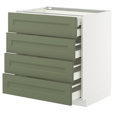 Sage green METOD kitchen drawers; four stacked drawers with modern, sleek handles in minimalist white cabinet.