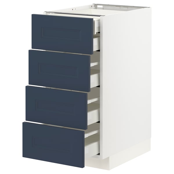 Modern white cabinet with four dark blue drawers, sleek design, smooth self-closing.