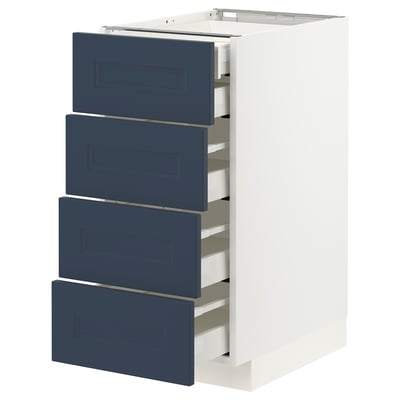 Modern white cabinet with four dark blue drawers, sleek design, smooth self-closing.