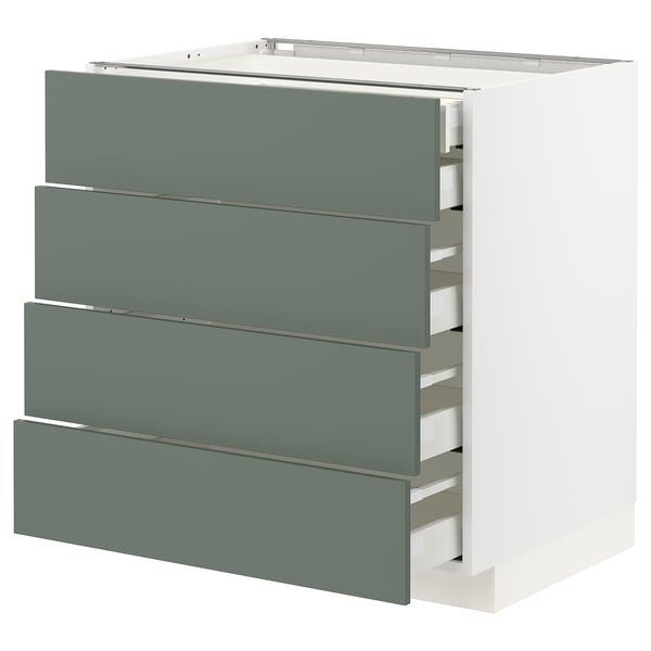 METOD kitchen unit, grey-green, 4 drawers, white frame, modern design.