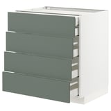 METOD kitchen unit, grey-green, 4 drawers, white frame, modern design.