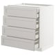 White METOD kitchen cabinet with four beveled gray drawers.