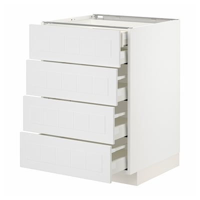 White METOD kitchen cabinet with four shallow drawers, crafted design. Sturdy, smooth drawers.