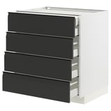 Modern kitchen unit: METOD base in white with four matte black drawers, sleek integrated handles.