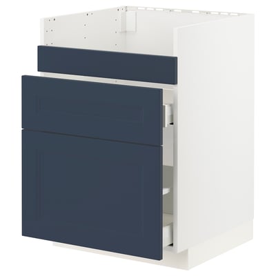 A modern blue kitchen cabinet set with two drawers, part of the METOD system.