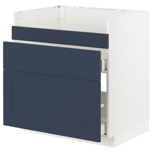 Blue kitchen cabinet with two drawers and a door, part of the ikea METOD system.