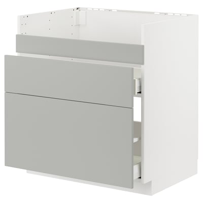Modern gray METOD kitchen cabinet, sleek light gray finish, three drawers.