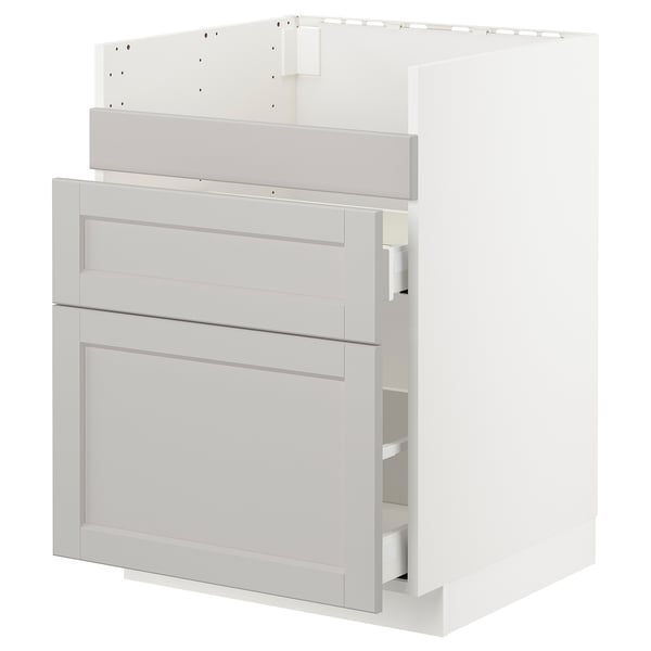White METOD kitchen cabinet with light gray fronts and beveled edges, two drawers, and a shelf.