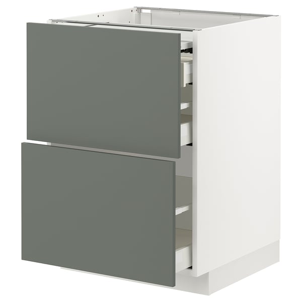 Modern grey-green kitchen cabinet with two drawers and sleek, minimalist design.