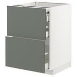 Modern grey-green kitchen cabinet with two drawers and sleek, minimalist design.