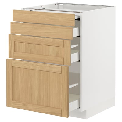 METOD white kitchen unit with oak veneer drawers and pull-out work surface.