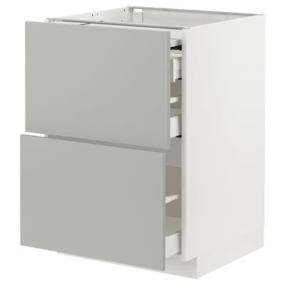 Modern light grey METOD kitchen cabinet with two drawers and pull-out surface.
