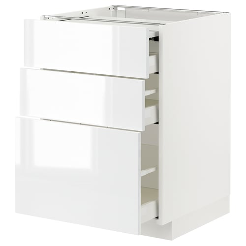 White modern kitchen cabinet with three drawers and glossy finish.