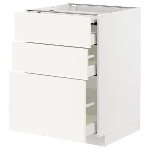 METOD white kitchen cabinet with multiple drawers.