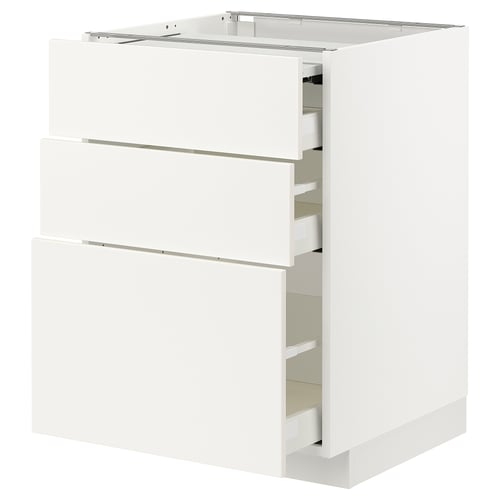 This image shows a white METOD kitchen unit with smooth, modern design featuring multiple drawers and a pull-out work surface.