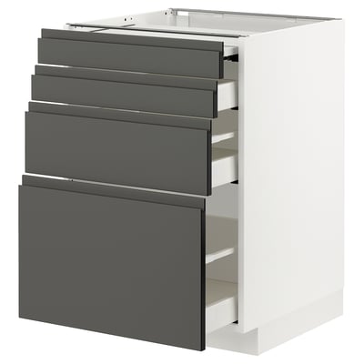 A white METOD kitchen unit with dark grey voxtorp drawers. It six drawers, including one pull-out work surface, known for its modern and sleek design.