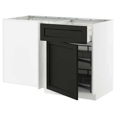 Modern white kitchen unit with dark stained drawer and pull-out shelves.