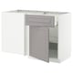 A white METOD kitchen cabinet with grey bodbyn handles and a single door open.