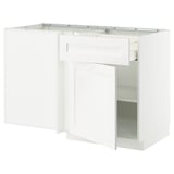 White METOD kitchen unit, wood grain design, square shape, single door, durable frame.