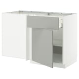 Modern white l-shaped kitchen unit, clean, minimalist design.