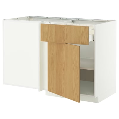 A white and light wooden kitchen cabinet with one visible drawer.