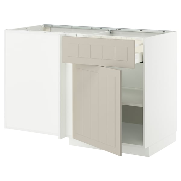 A beige METOD kitchen cabinet with a wooden design and multiple compartments. The base is white, with a large open door revealing inner shelves.