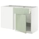 METOD kitchen unit in green, rectangular shape, with white frame, open door revealing shelves.