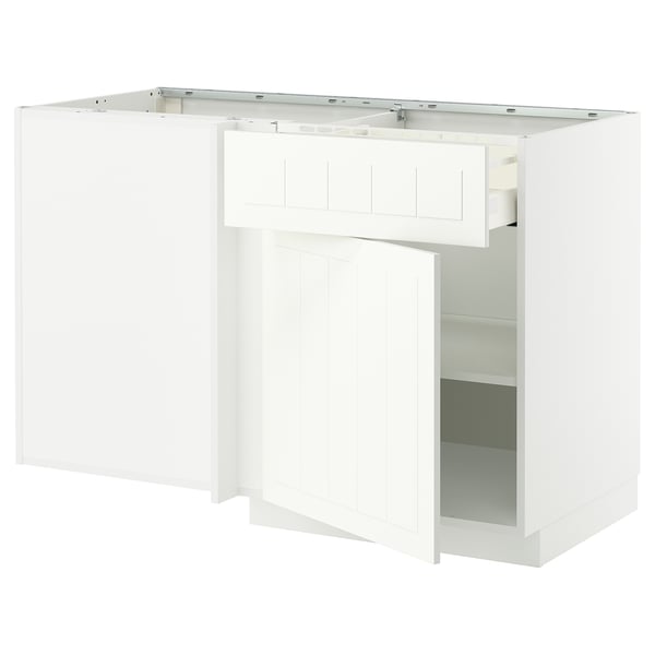 White METOD kitchen cabinet, rectangular, plain design with one open shelf and one drawer.