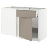 A modern white METOD kitchen unit with a beige door. It a sleek, minimalist design and a single drawer with an integrated handle.