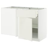 A white METOD corner kitchen cabinet, modern and empty with adjustable shelves.
