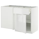 White modern kitchen cabinet, integrated handle, open shelf, high gloss.