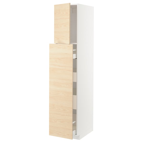 A tall, white METOD kitchen cabinet with light ash wood-patterned doors. It has multiple shelves and a sleek, modern design.