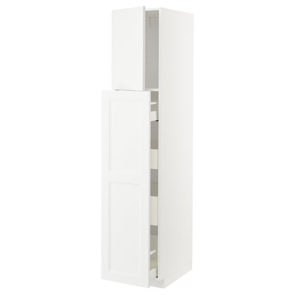 White METOD kitchen cabinet, modern design, smooth surfaces, with axstad fronts, tall and framed.