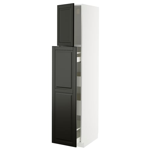 A tall white and black kitchen cabinet with dark grey doors and multiple shelves. It a modern design.