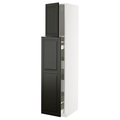 A tall white and black kitchen cabinet with dark gray doors and multiple shelves. It a modern design.