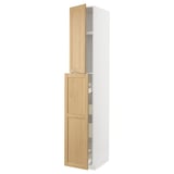 White and light wood cabinet with door open.