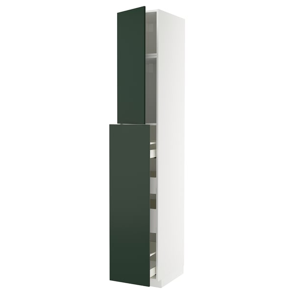 Modern tall kitchen cabinet with green havstorp doors, white frame, and multiple shelves.