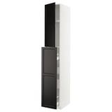Modern cabinet with black-stained wood, white frame, and sleek design.