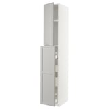 White tall kitchen cabinet with beveled edges and two open doors showing shelves.