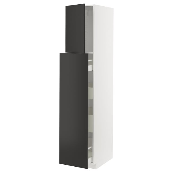 Modern kitchen cabinet with black doors, sleek design, minimalist look.