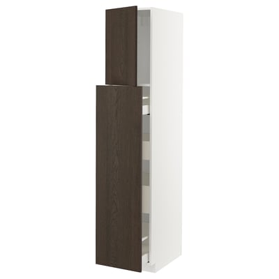 White METOD cabinet with 2 dark brown doors, handle-free, sleek.