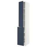 White METOD kitchen cabinet with blue doors, pull-out shelves, and adjustable shelves.