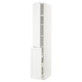 A white METOD kitchen cabinet with a modern design, featuring multiple shelves and a pull-out drawer.