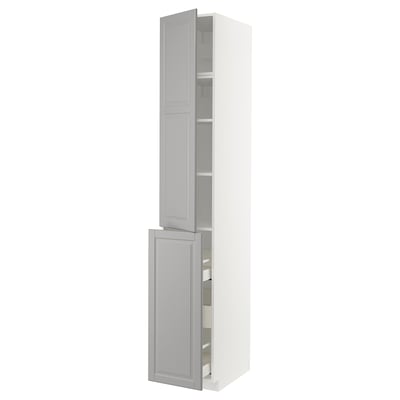 White METOD kitchen cabinet with gray bodbyn doors, modern design, tall and narrow, open doors revealing shelves.