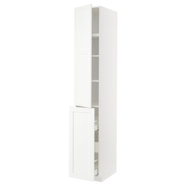 A white METOD kitchen cabinet with adjustable shelves and soft-close drawers, featuring a sleek, modern design.